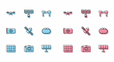 Set line Pills in blister pack, Mirrorless camera, Drone flying, Solar energy panel, Satellite, Smartwatch, Video graphic card and Server, Data, Web Hosting icon. Vector