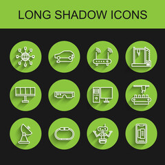 Set line Radar, Smartwatch, Social network, Robot, Smartphone, mobile phone, glasses, Factory conveyor system belt and Computer monitor icon. Vector