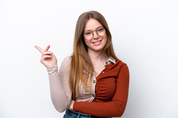 Young caucasian woman isolated on white background happy and pointing up