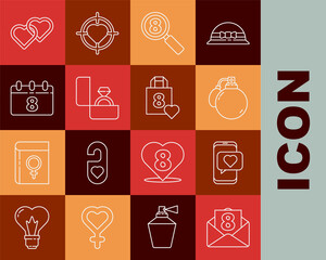 Set line Envelope with 8 March, Online dating app and chat, Perfume, Search, Diamond engagement ring, Calendar, Two Linked Hearts and Shopping bag heart icon. Vector