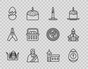 Set line Easter egg, Burning candle in candlestick, Jesus Christ, Broken, Basket with easter eggs, Church building and icon. Vector