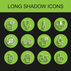 Set line Bottle of liquid antibacterial soap, Medical rubber gloves, with virus, Test tube and flask, Medicine pill or tablet, Virus cells lung, Microscope and Hand icon. Vector