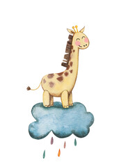 Cute nursery kid illustration. Hand drawn watercolor giraffe with drops and clouds for room design, textile, sketchbooks, notebooks.