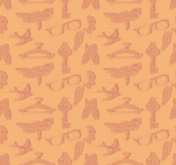 Collection of pink vintage style stamp prints arranged in a seamless pattern. Shapes include ballet shoes, glasses, antique key, hanger, bird, and dragonfly.