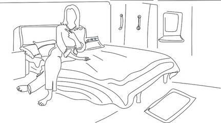 continuous one line sketch drawing woman sitting on double bed, line art illustration of living room