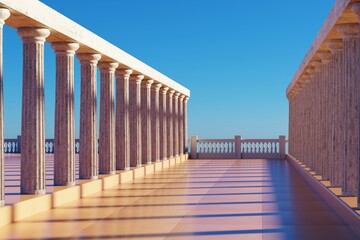 Roman colonnade with balustrade on blue sky. 3D Render