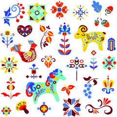 Vector composition with toy horse, ram and hen with floral and decorative elements in folk-art style. Pattern in the style of Ukrainian arts and crafts.