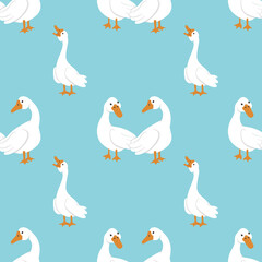 Vector seamless pattern with white geese on a blue background. A pair of geese look at each other and a cackling goose. Bright print for fabrics, wrapping paper, design, etc.