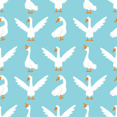Vector seamless pattern with white geese on a blue background. A goose with spread wings and a cackling goose. Bright print for fabrics, wrapping paper, design, etc.