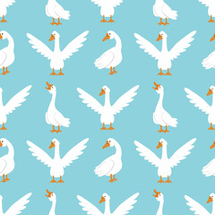 Vector seamless pattern with white geese on a blue background. A goose with spread wings and a cackling goose. Bright print for fabrics, wrapping paper, design, etc.