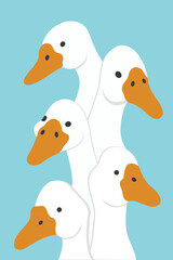 Vector illustration. White geese portrait on a blue background. Five geese stand next to each other. Bright print for design, decoration, postcards, posters and so on.