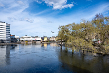 Obraz premium Motala river and city park Strömparken in Norrköping during spring in Sweden. Norrköping is a historic town in Sweden.
