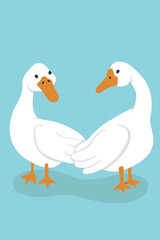 Vector illustration. White geese portrait on a blue background. Two geese stand side by side and look at each other. Bright print for design, decoration, postcards, posters and more.