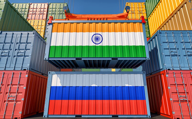Cargo containers with Russia and India national flags. 3D Rendering