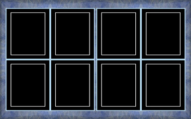 black and white background with blue frames