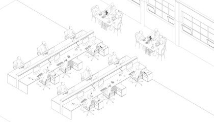 Outline of an office with working people at computers from black lines isolated on a white background. Isometric view. Vector illustration