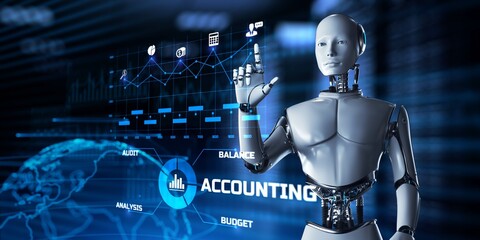 Accounting business process automation RPA concept. Robot pressing button on screen 3d render.