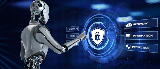 Cyber security Data Protection Antivirus technology concept. Robot pressing button on screen 3d render.