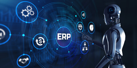 ERP Enterprise resources planning. Robot pressing button on screen 3d render.