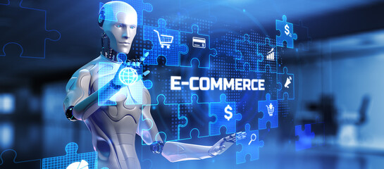 Fototapeta premium E-commerce Online shopping. Robot pressing button on screen 3d render.