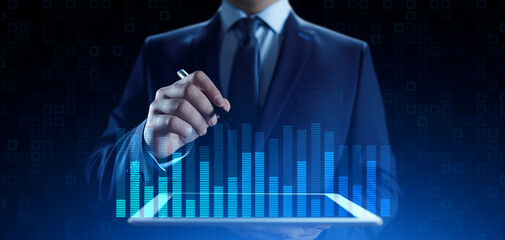 Financial concept charts diagram stock market data analysis. Businessman and virtual dashboard.