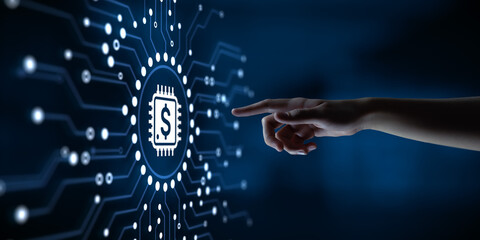 Fintech Financial technology online banking. Hand pressing virtual button.