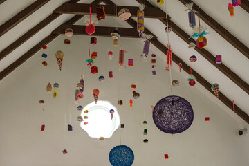 various ornaments hanging from the ceiling
