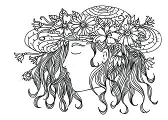 Coloring page. Woman with hat and flowers. Colouring book for kids or adult. Worksheet. Line art. Sketch vector illustration
