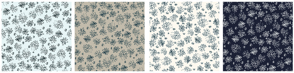 Seamless patterns set with hand drawn meadow flowers in Ditzy style. Stylish dark illustrations on beige background for surface design and other design projects