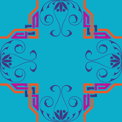 Seamless abstract, colored pattern on a blue background from elements in the Arabic, Asian style.