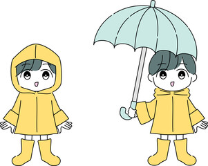 雨ガッパを着たこども