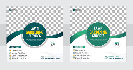 lawn garden or landscaping care service social media post template or square web banners