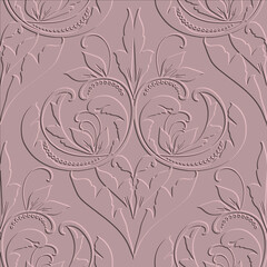 Floral Baroque 3d seamless pattern. Vector embossed background. Repeat emboss flowers backdrop. Surface relief vintage ornaments in Baroque style. Modern textured grunge design with embossing effect