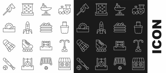 Set line Shooting gallery, Street light, Sand bucket, Swing boat, Rocket ship, Ferris wheel, Toy horse and Pool with balls icon. Vector
