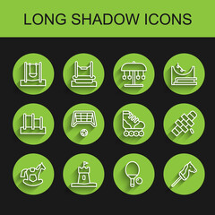Set line Horse in saddle swing, Sand tower, Swing, Racket ball, Toy horse, Soccer goal with, Hopscotch and Roller skate icon. Vector