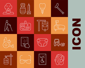 Set line Hearing aid, Disabled car, Hospital bed, Dental implant, Identification badge, Blind human holding stick, Head of deaf and dumb and IV bag icon. Vector