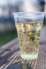 Sparkling Champagne in Plastic Cup, Concept of Alcoholism and Loneliness.
