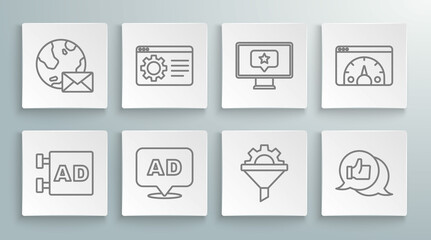 Set line Advertising, Browser setting, Sales funnel with gear, Customer product rating, Monitor star, Website statistic and Earth globe mail icon. Vector
