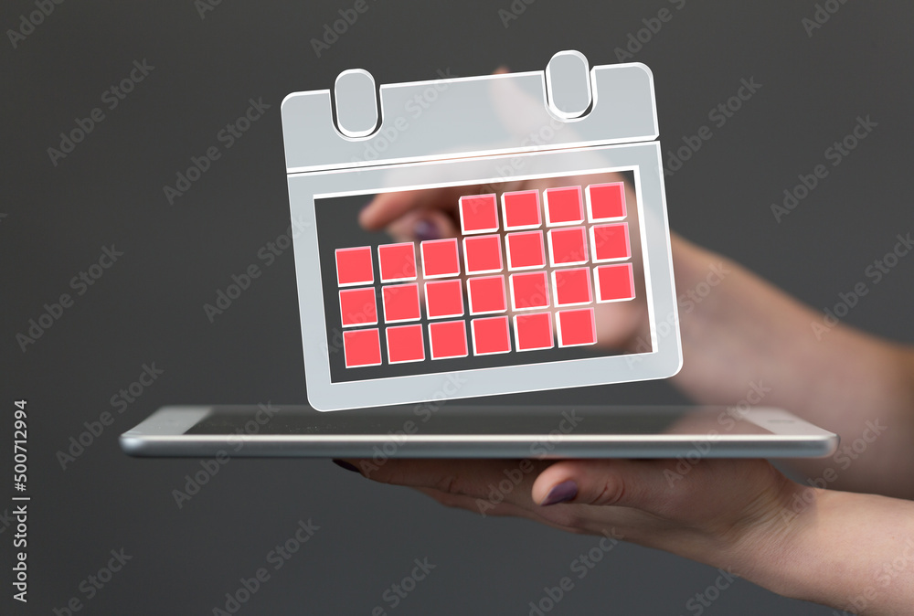 Poster minimal calendar icon with hand isolate on soft pink background. paper calendar icons. calendar date