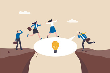 Advice, suggestion or solution to solve business problem, instruction or guidance to overcome difficulty or answer concept, businessman advisor talking with speech bubble to help people cross the gap.