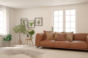 White living room with sofa. Scandinavian interior design. 3D illustration