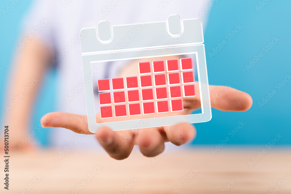 Poster Minimal calendar icon with hand isolate on soft pink background. Paper calendar icons. Calendar date  3d