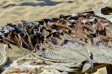 Many sun-dried flatfish on racks on the beach in Nazaré, Portugal