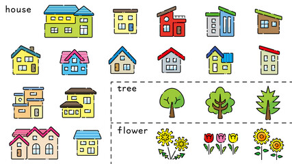 家と木と花のアイコンセット(破線線画プラスカラー)分類バージョン - obrazy, fototapety, plakaty