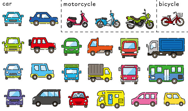 車とバイクと自転車のアイコンセット(破線線画プラスカラー)分類バージョン