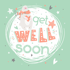 Motivational poster with hand drawn lettering "Get well soon". Cute art for greeting card, inspirational banner, print. Vector background. Positive quote, heart, polar bear, stars. Circle composition