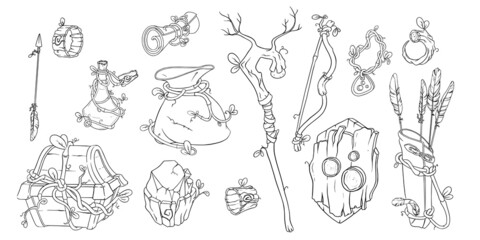 Magic game items with wand, chest, potion and other props. Sketch of druid game objects. Vector illustration isolated in white background