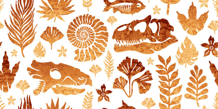Fossil dino pattern. Seamless Dinosaur vector background. Paleontology print. Fossil pattern of skeleton, coastal sea animal, tyrannosaurus rex skull and footprint. Texture silhouette bone for textile