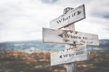what if where to why not text quote written in wooden signpost outdoors in nature. Moody theme feeling.