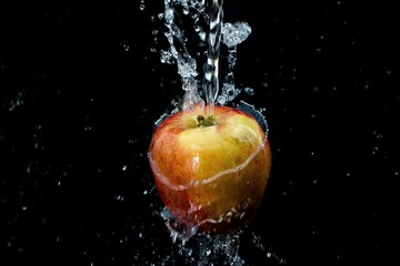 plenty of water is poured over an apple against a black background
